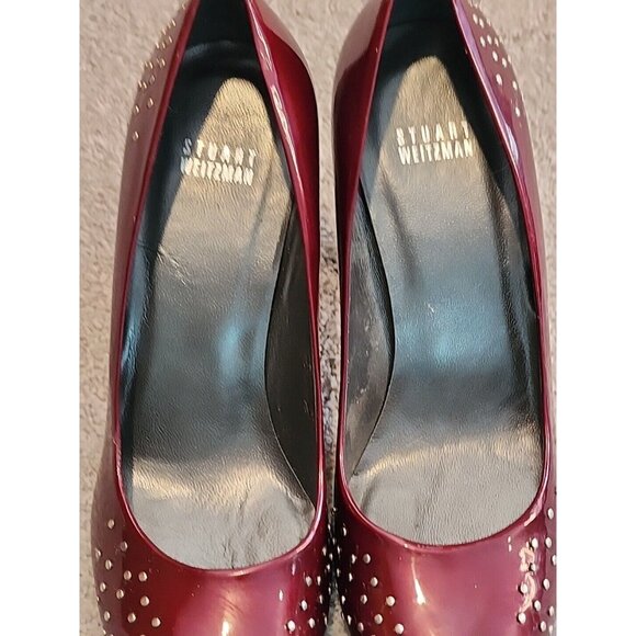 Stuart Weiztman Cranberry Red Patent Leather Studded Toe Heels Pumps Size 9 M - Picture 9 of 14